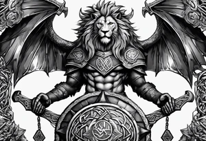 Valhalla sword shield dragon axe Valknut barbed wire chains lion tattoo idea