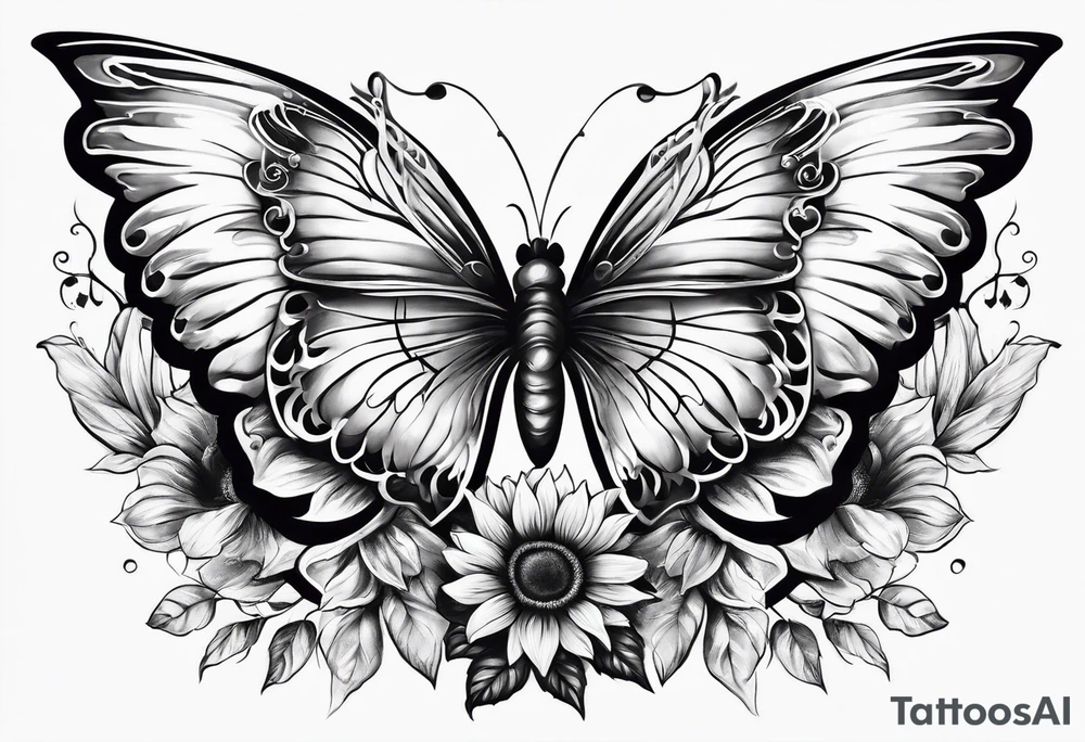 Sleeve with angel wings, sunflower and butterfly tattoo idea