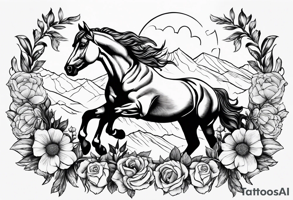 bucking horse, mountains, flowers tattoo idea