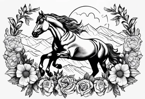 bucking horse, mountains, flowers tattoo idea