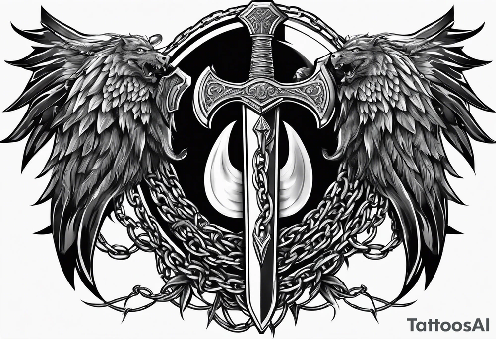 Valhalla sword shield axe barbed wire chains dark cloud tattoo idea