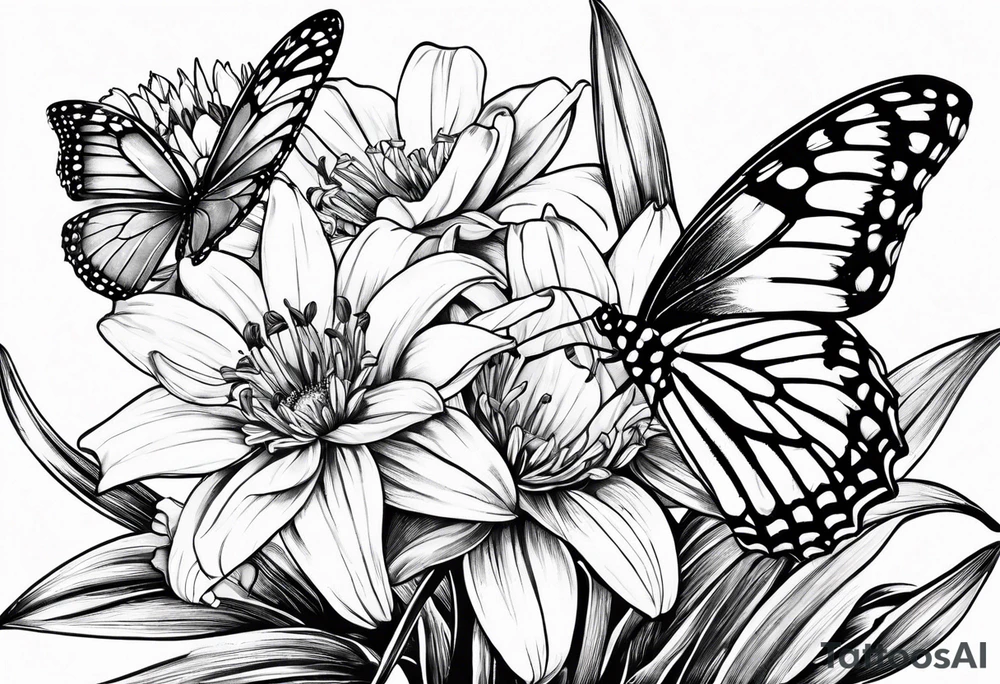 Wild flower of lily daisy and daffodil with butterfly tattoo idea