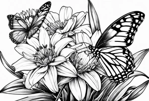 Wild flower of lily daisy and daffodil with butterfly tattoo idea