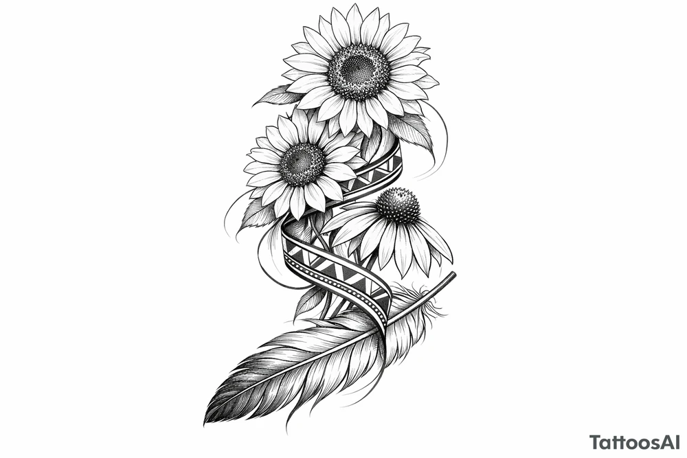 2 cascading sunflowers and a coneflower wrapped in simple Native American ribbon on top of a feather tattoo idea