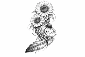 2 cascading sunflowers and a coneflower wrapped in simple Native American ribbon on top of a feather tattoo idea