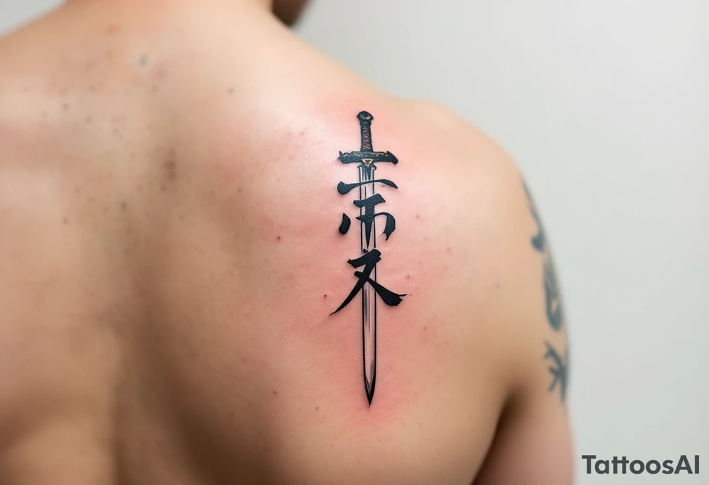 诚 (chéng, “honesty”) in clean black strokes with a sword represents truth and integrity. tattoo idea