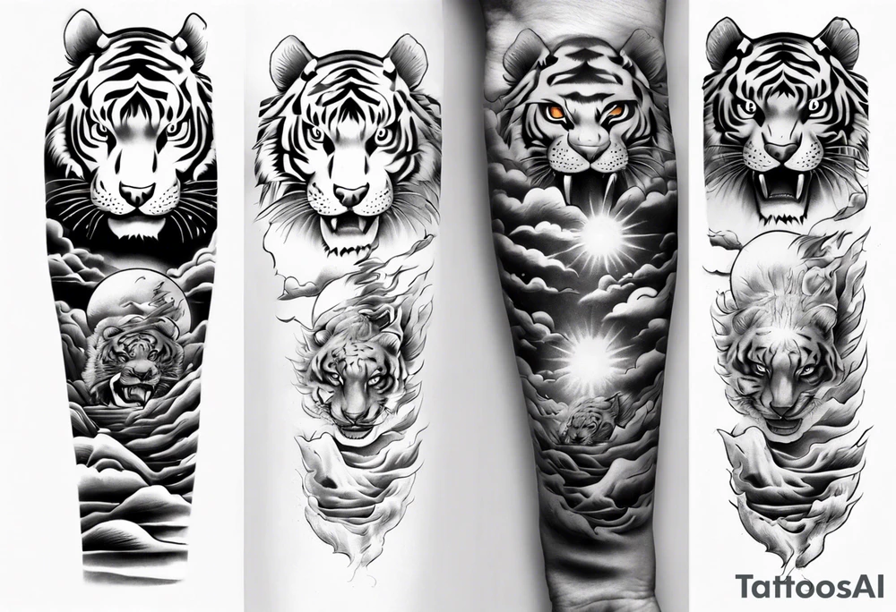 Tiger sleeve tattoo with lightning and the sun
Forearm sleeve tattoo idea