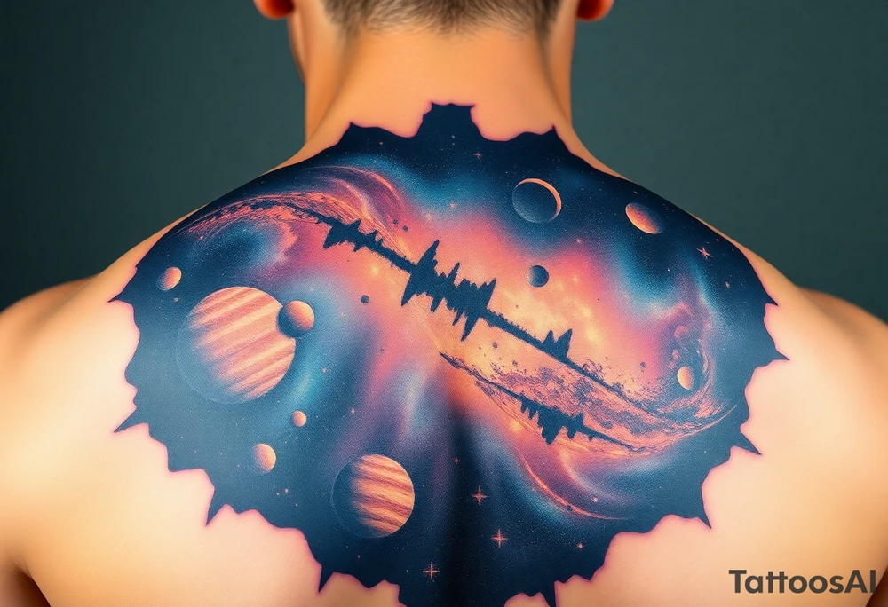 Beautiful and epic 3d milky way that appears to be what is beneath the skin. Make it drape over the shoulder and move to the middle back. use negative spaces to create planets and stars.Keep it symmetrical tattoo idea