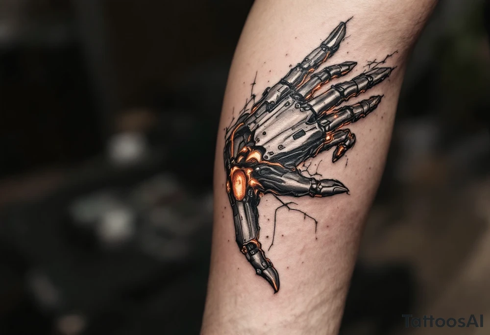 A half-human, half-robot hand in skin-tone fading into steel grey with glowing orange veins. tattoo idea
