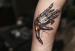 A half-human, half-robot hand in skin-tone fading into steel grey with glowing orange veins. tattoo idea