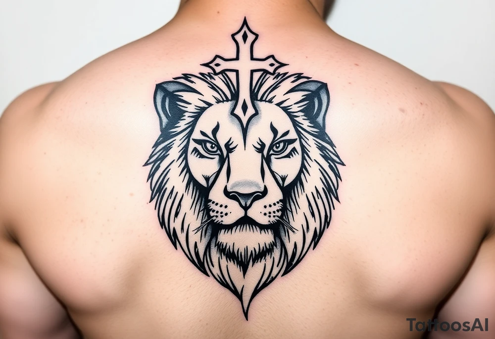 lion with lashes and cross over head tattoo idea