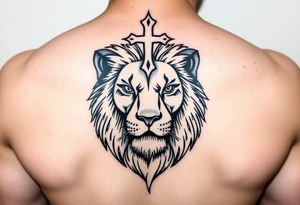 lion with lashes and cross over head tattoo idea