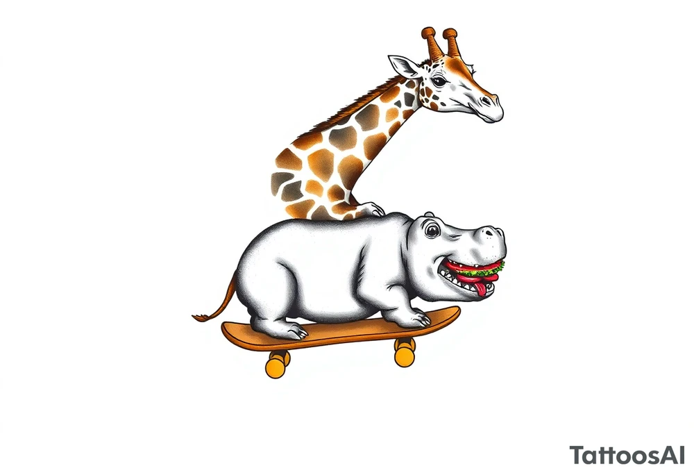 Majestic giraffe riding a skateboard and eating a hippo sandwich tattoo idea