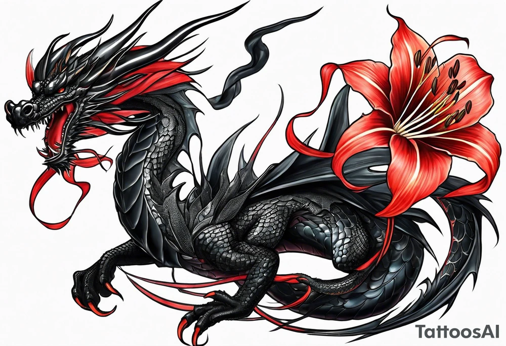 Black dragon. Red spider-lily. Lightning. No background. Arm or Shoulder. tattoo idea
