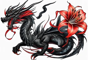 Black dragon. Red spider-lily. Lightning. No background. Arm or Shoulder. tattoo idea