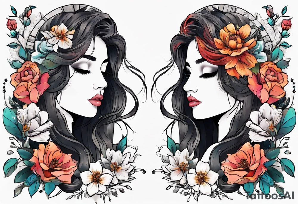 Sleeve with libra and flowers tattoo idea
