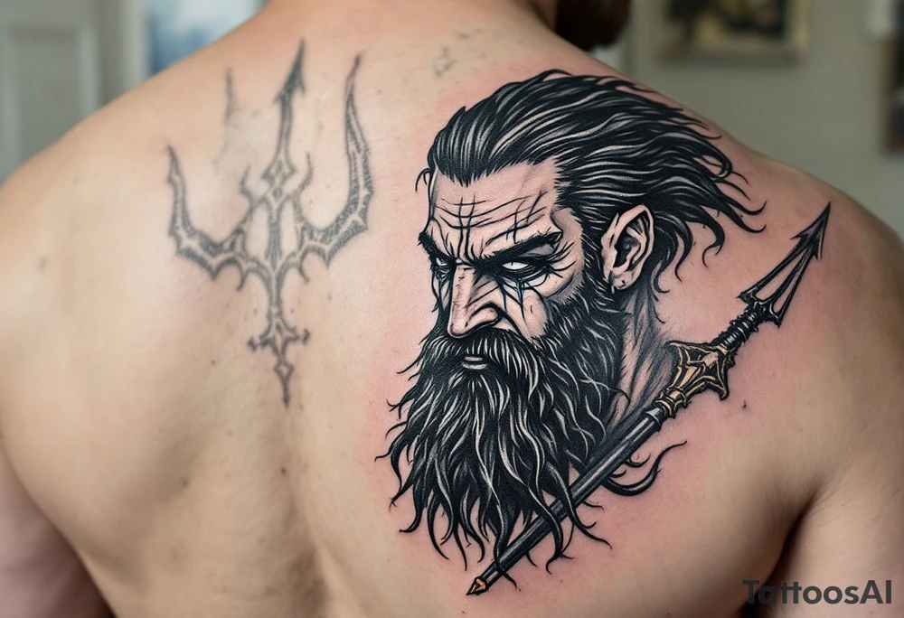 crying poseidon, behind a trident, looking at his nose tattoo idea