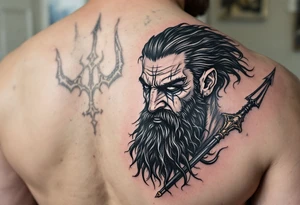 crying poseidon, behind a trident, looking at his nose tattoo idea