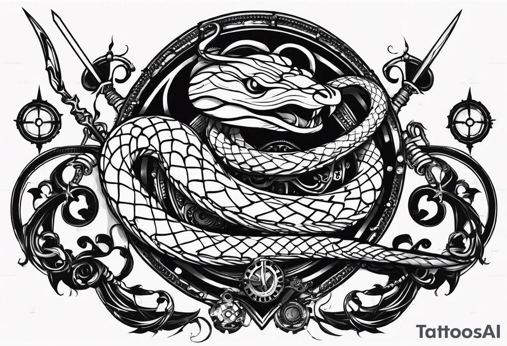 Aggresive Snakes with a sword, this design must be in a vertical vertical proportion. Additionaly the desing must be "Steampunk" type tattoo idea