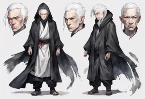 a pale gaunt man with white hair, grey eyes, and black hooded cloak. tattoo idea