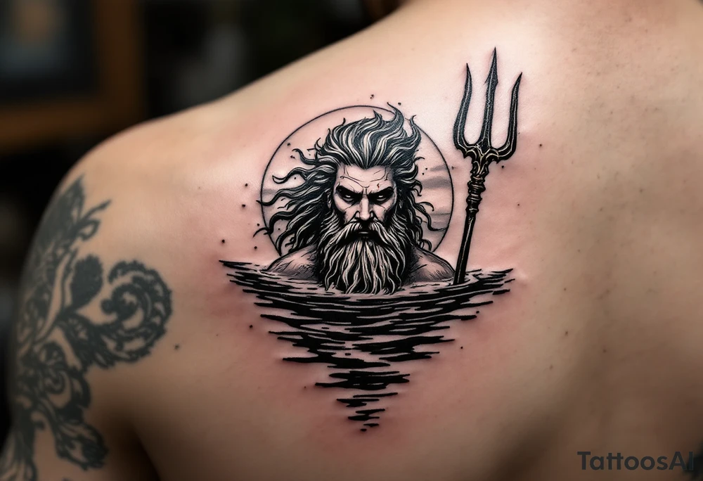 Poseidon half way under calm water with trident at sunset tattoo idea