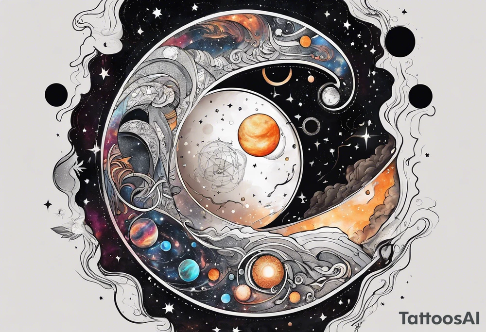 A tattoo featuring a cosmic scene with planets, black holes, and supernovae intertwined with intricate linguistic symbols, reflecting the client's interests in cosmology and linguistics. tattoo idea
