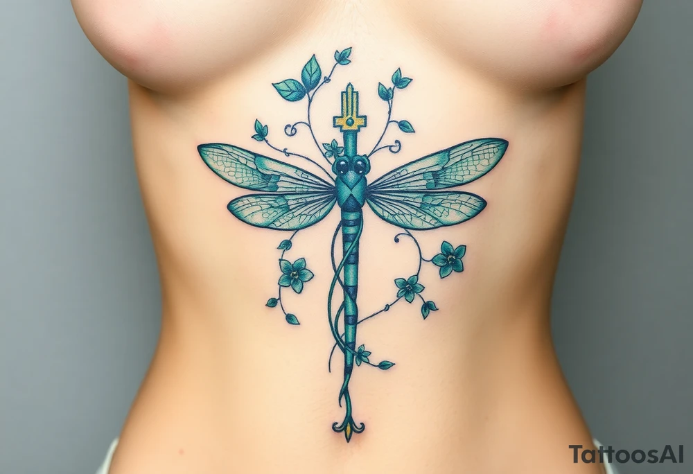 A cross made of twisting vines and flowers, with dragonfly-like wings in shades of teal and green tattoo idea