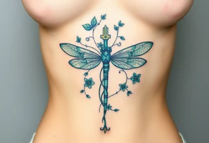 A cross made of twisting vines and flowers, with dragonfly-like wings in shades of teal and green tattoo idea