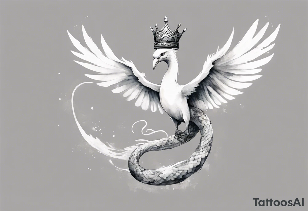 a white bird-serpent hybrid, wearing a pewter crown on its head, flying in the air tattoo idea