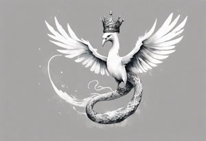 a white bird-serpent hybrid, wearing a pewter crown on its head, flying in the air tattoo idea