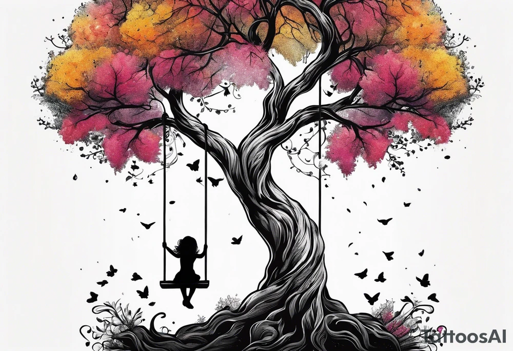 little girl swinging under a tree of life tattoo idea