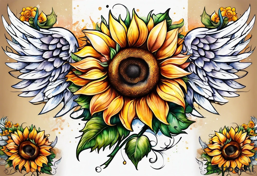 Sunflowers and angel wings leg sleeve tattoo idea