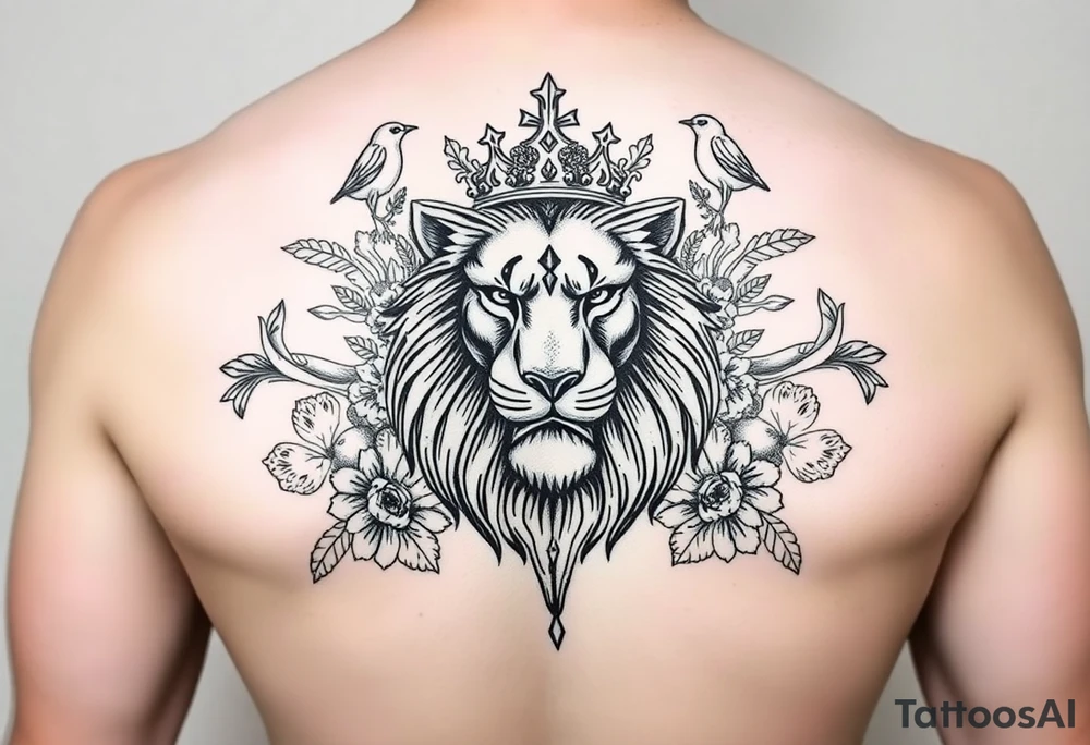 powerful majestic lion with a crown, surrounded by floral ornaments and birds tattoo idea