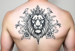 powerful majestic lion with a crown, surrounded by floral ornaments and birds tattoo idea