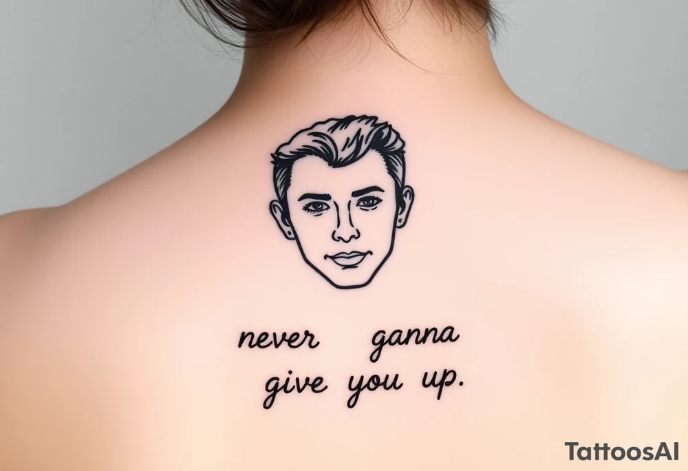 Young Rick Astley Face and Never Gonna Give You Up text tattoo idea