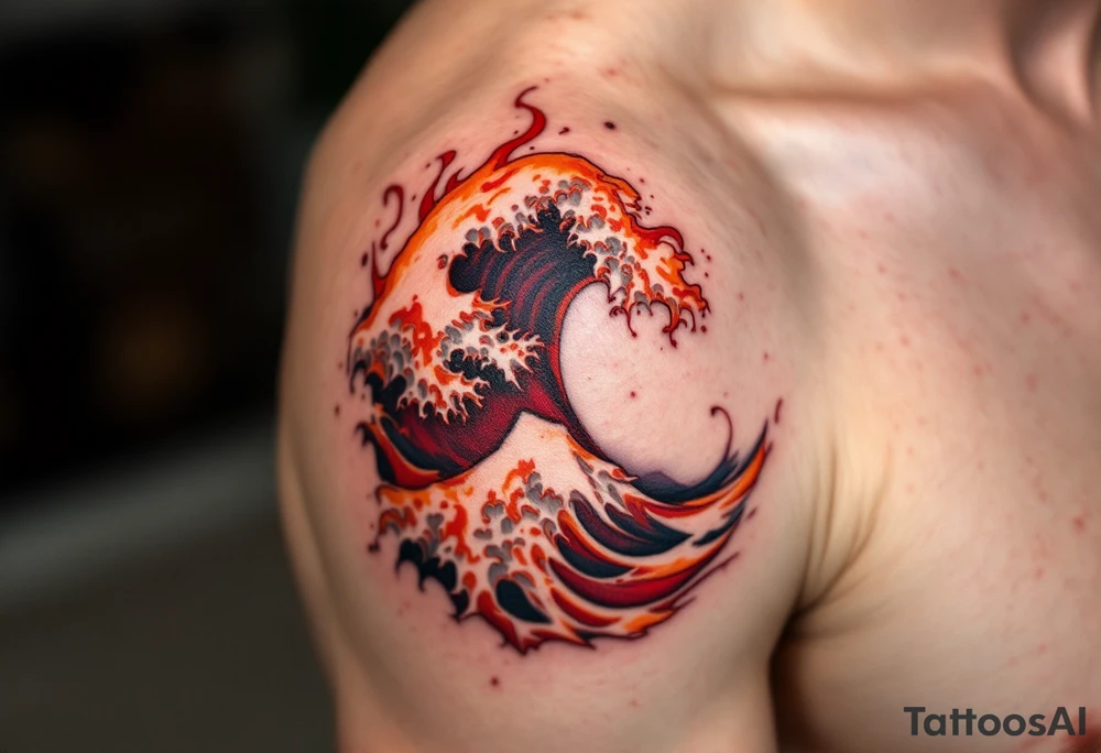 A fiery red and orange stylized wave swirls up the calf, giving a volcanic ocean vibe. tattoo idea
