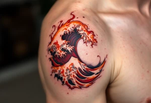 A fiery red and orange stylized wave swirls up the calf, giving a volcanic ocean vibe. tattoo idea