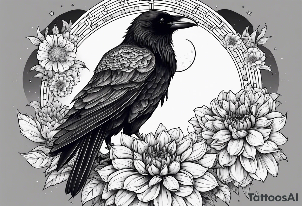 Perched crow surrounded by dahlia flowers with a moon in the background tattoo idea