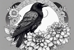 Perched crow surrounded by dahlia flowers with a moon in the background tattoo idea