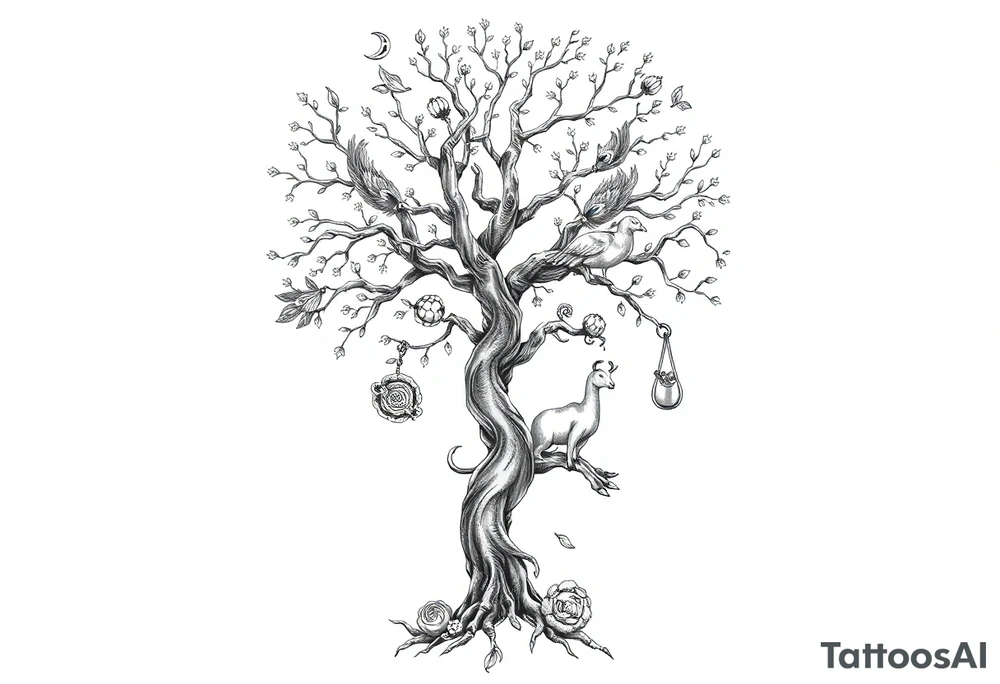 mystical tree with  and celestial branches fat naked sexy woman , peacock , pig , cupcakes, liquor, cigerette, Storm clouds, pig, peacock , fat sexy naked fat woman, cupcakes, noose , money, goat lion, couple having sex, cigerette storm lightening, killing, darkness death, violent majestic creatures tattoo idea