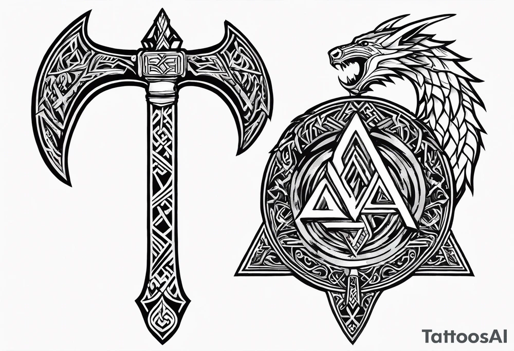 Valhalla sword 
 dragon axe Valknut helm of awe tattoo idea