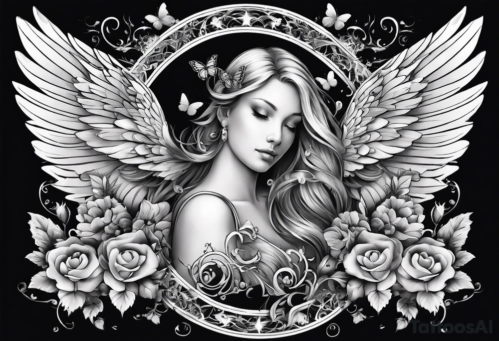 Angel wings and butterfly in the middle tattoo idea