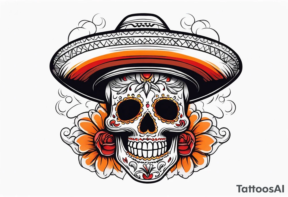 Mexican skull with sombrero with smoke coming out of the bottom orange and red tattoo idea