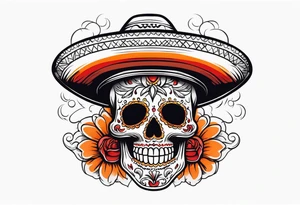Mexican skull with sombrero with smoke coming out of the bottom orange and red tattoo idea