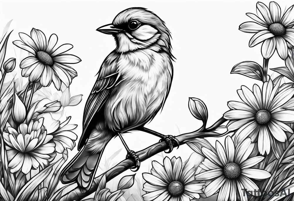 Little bird out perched on grass and daisys tattoo idea
