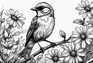 Little bird out perched on grass and daisys tattoo idea
