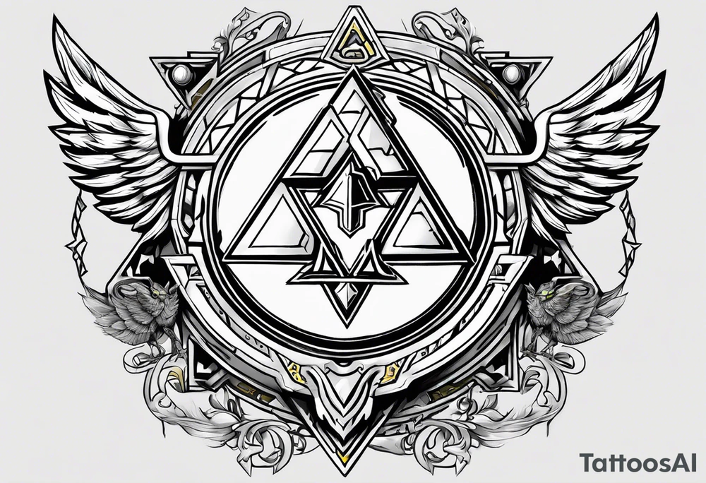 Hylian shield, replace the triforce with master chiefs helmet and the bird crest with the grey wardens logo tattoo idea