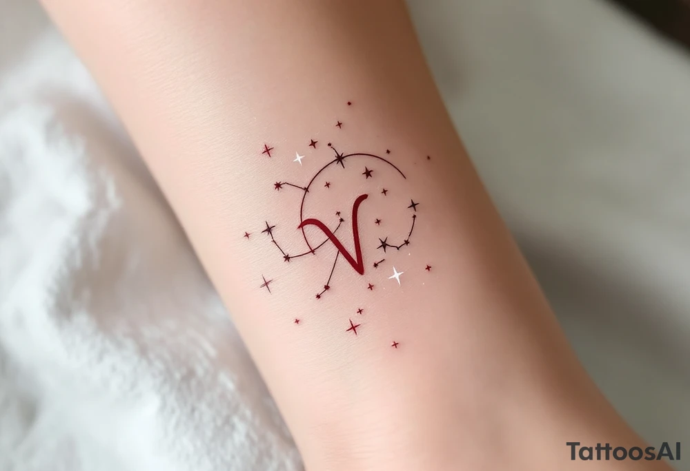 A bold Virgo sign in crimson red centers the arm with delicate white stars constelltion orbiting in its form. tattoo idea