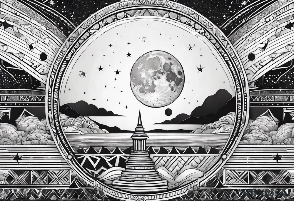 a simple design incorporate moon, jupiter and goddess, with stippled shading and geometric elements, white background tattoo idea