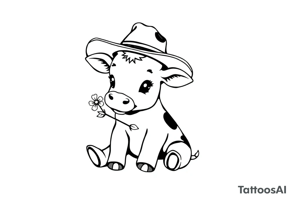 cute black and white baby cow sitting wearing a cowboy hat with a flower in mouth tattoo idea